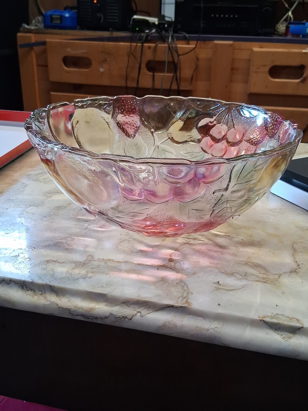 Pressed Glass Fruit Bowl - Pink Tint -